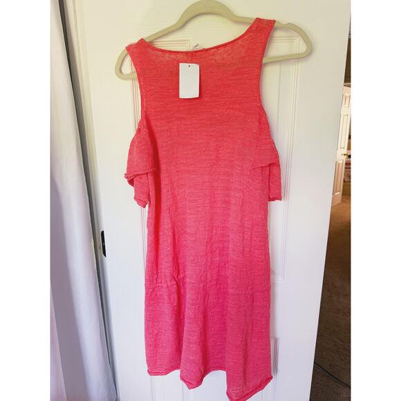 Minnie Rose Cold Shoulder Mini Dress Linen Cinch Waist Guava Pink Small Boho - Picture 4 of 8